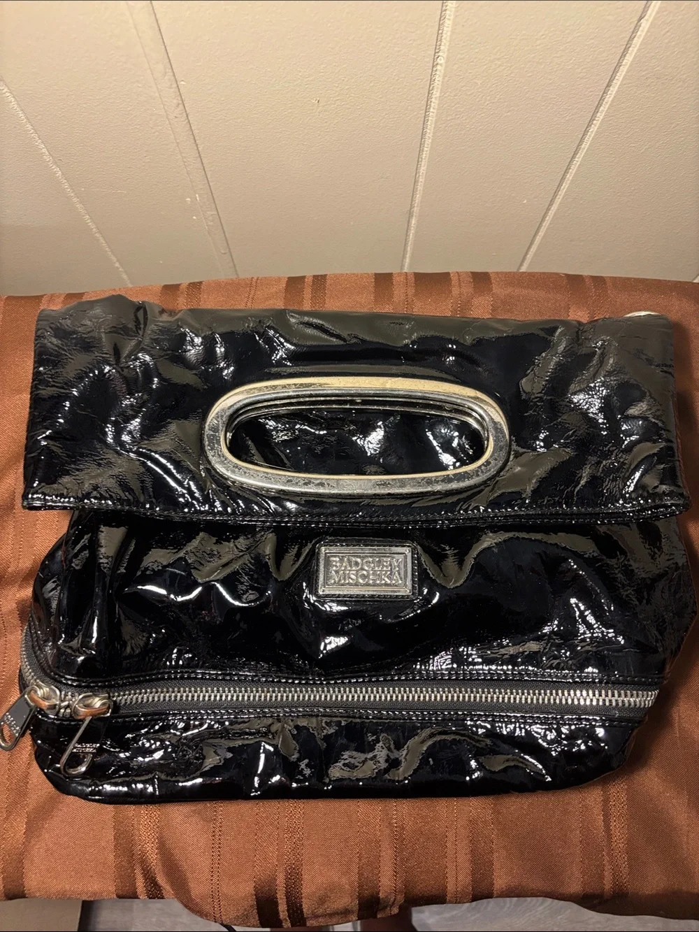 Badgley Mischka Black Crinkled Patent Leather 2Way Foldover Clutch Tote w/ Strap